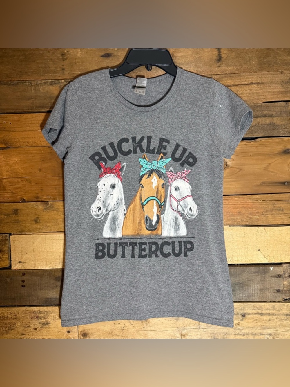 Gildan Womans Horse T Shirt size Small Buckle‎ Up Buttercup